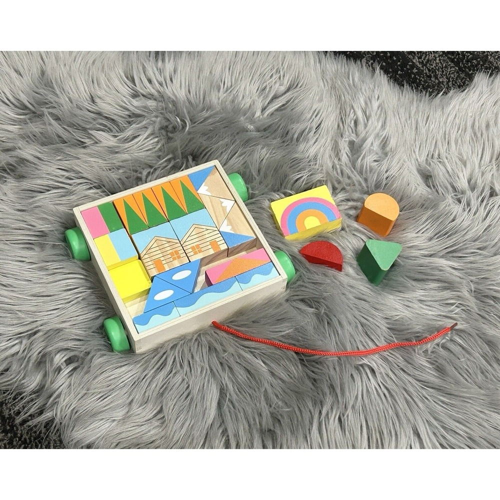 Learn & Play Wooden Building Blocks Colorful Pull Toy on‎ Wheels